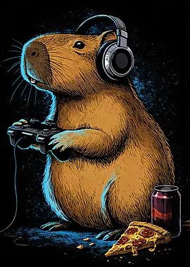 Gamer Capybara with Pizza and Soda