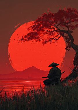 Samurai Meditating by a Red Sun