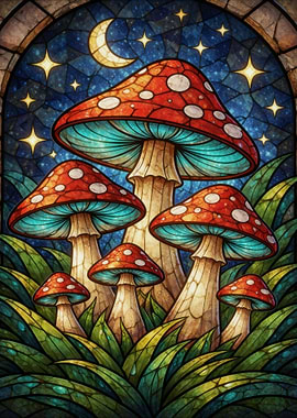 Stained Glass Mushrooms Under the Moon