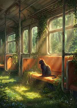 Black cat in abandoned overgrown train
