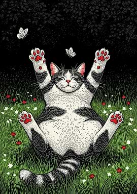 Cat enjoying butterflies in a field