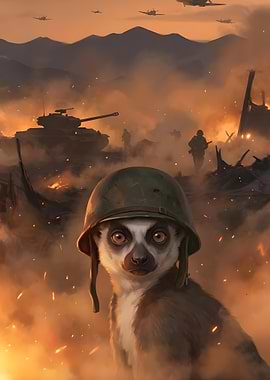 Lemur in Military Helmet Amidst War Scene