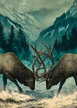 Elk Fighting In Rainy Forest