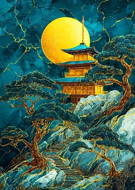 Golden Pagoda Turquoise Marble Art