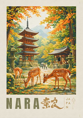 Nara Japan Autumn Pagoda and Deer