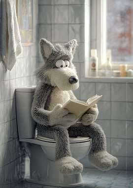 Cartoon Wolf Reading on Toilet