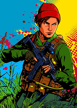 Woman soldier with rifle in colorful background