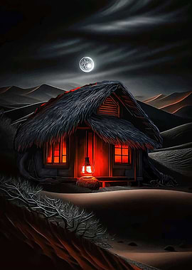 Desert Hut Under Moonlight
