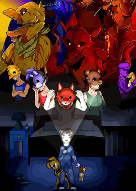 Five Nights at Freddy's characters in a bedroom