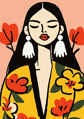 Woman in Floral Kimono with Earrings