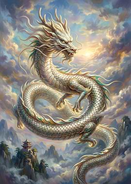 Majestic White Dragon in the Clouds