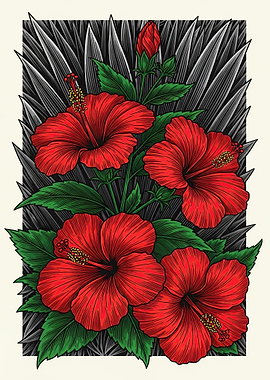 Vibrant Red Hibiscus Flowers with Green Leaves
