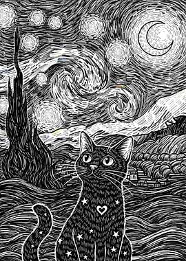 Black Cat in Starry Night