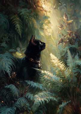 Black Cat in Ferns with Sunlight