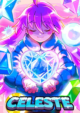 Celeste Game Art with Character and Gems