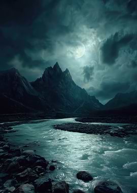 Moonlit Mountain River Landscape