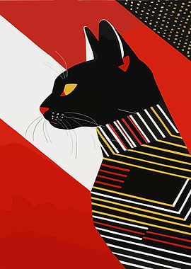 Stylized Black Cat with Geometric Patterns
