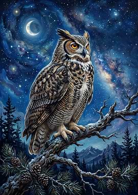 Great Horned Owl in a Starry Night