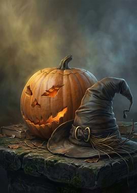 Halloween Pumpkin and Witch Hat