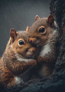 Two Squirrels Hugging in the Rain