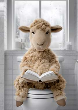 Sheep reading a book on a toilet