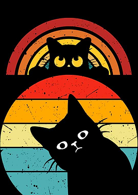 Retro Cats with Rainbow and Sunset