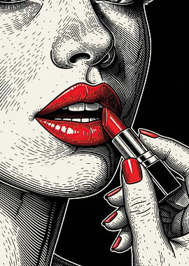 Woman applying red lipstick