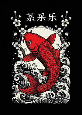 Red Koi Fish with Cherry Blossoms