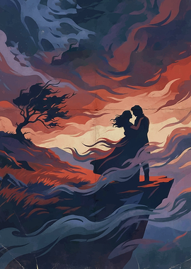 Couple Embracing on Cliff at Sunset