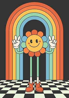Retro Flower Character with Rainbow Arch