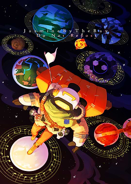 Astronaut floating among musical planets