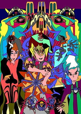 Surreal figures with abstract background