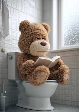 Teddy bear reading on toilet