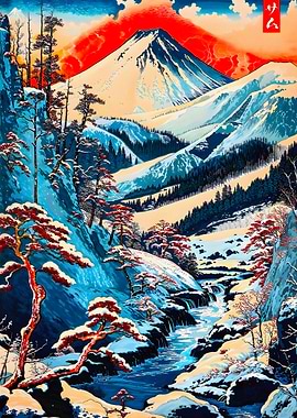 Snowy Mountain Landscape with Red Trees