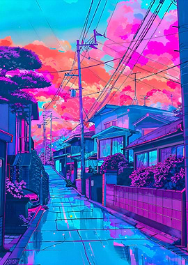 Vibrant Anime Street Scene at Dusk