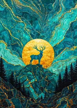 Golden Stag Teal Mountain Moon