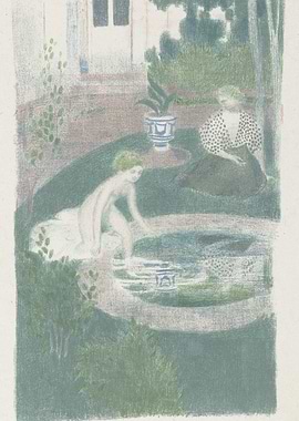 Two women in a garden by a pond
