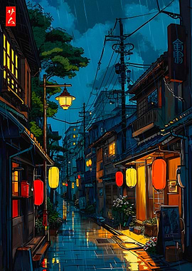 Rainy Japanese Street at Night
