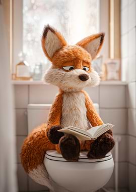 Fox reading a book on a toilet