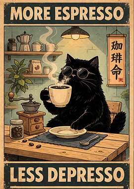 Black Cat Drinking Espresso