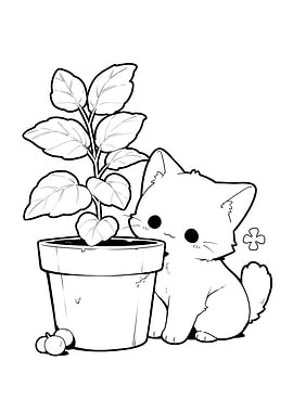 Tiny Plant Cute Kitten Inspector and Potted Plant