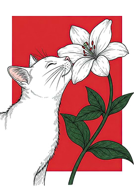 White Cat Smelling a Lily