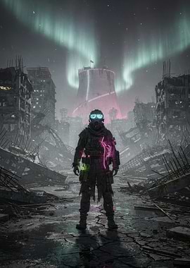 Neon Sentinel — Post-Apocalyptic Soldier Beneath the Aurora