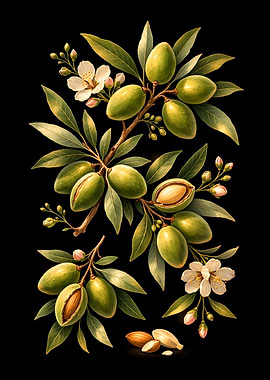 Almond Branch with Fruits and Flowers