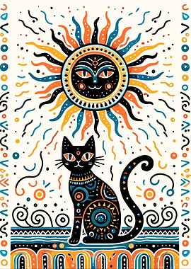 Black Cat and Sun Illustration