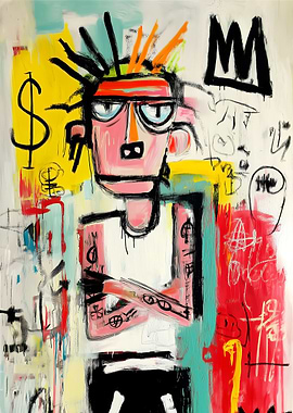 Graffiti-style portrait with crown and dollar sign