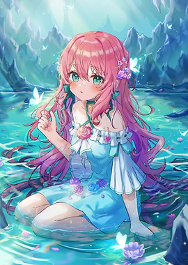 Girl in Water with Butterflies