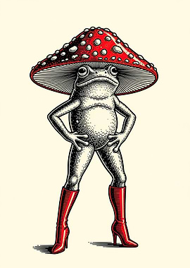 Frog Wearing Mushroom Hat and Red Boots