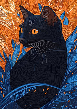 Black Cat Amidst Blue and Orange Foliage