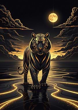 Golden Tiger in Moonlit Water